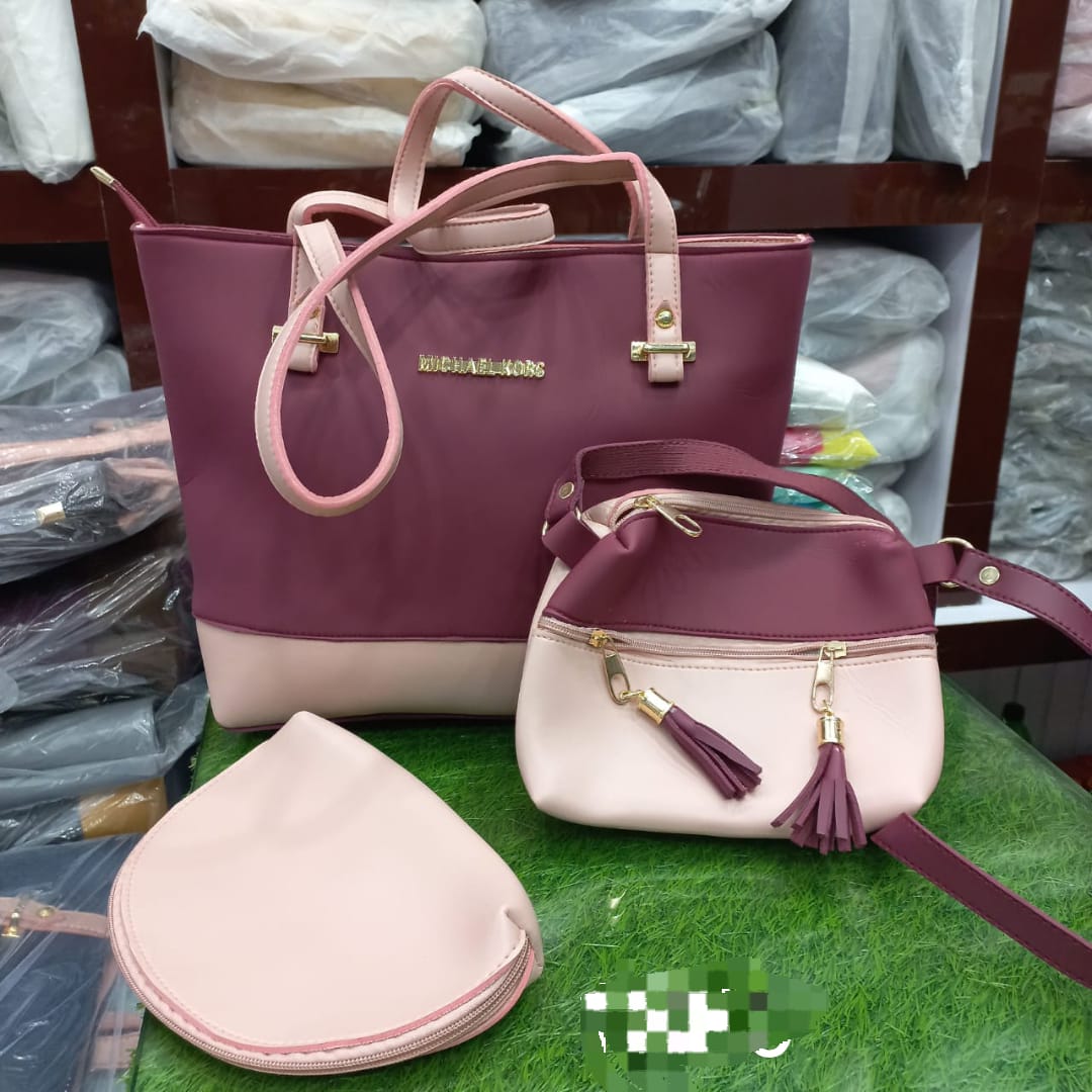 Michael Kors Stylish Girls Hand Bag Set – 3 Pieces (Maroon & Pink)