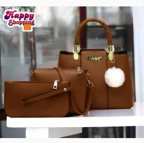 Women’s PU Leather Plain Handbag Set – 3 Pcs | Stylish & Durable