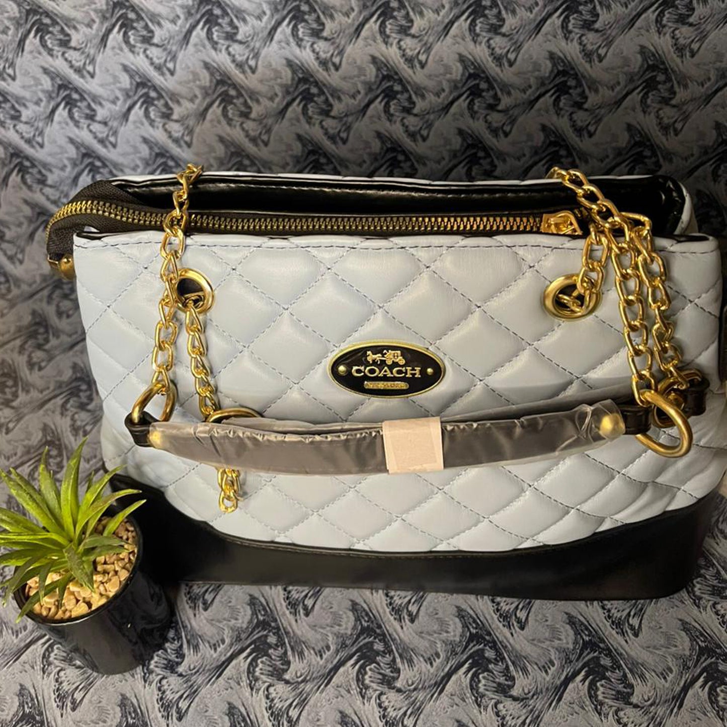 Elegant Quilted Handbag – Blue & Black with Gold Chain | Premium Quality