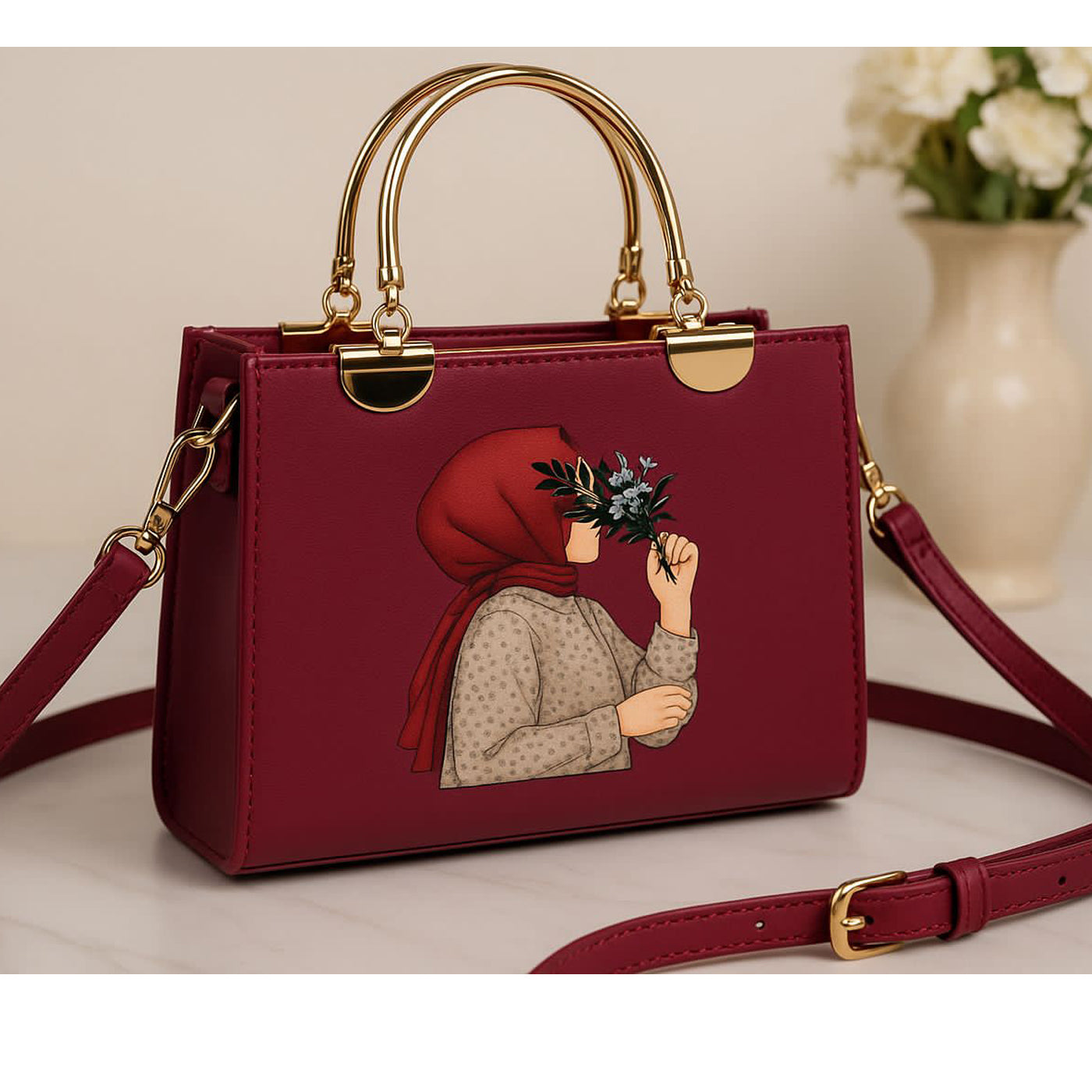 ✨ Elegant Maroon Handbag with Artistic Hijab Girl Design ✨