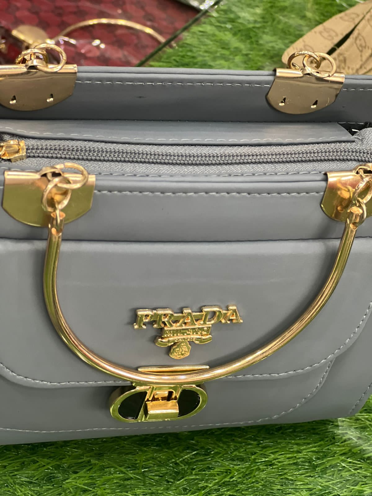 Prada Mini Luxe Dual-Tone Handbag – Elegant Grey & Classic Brown