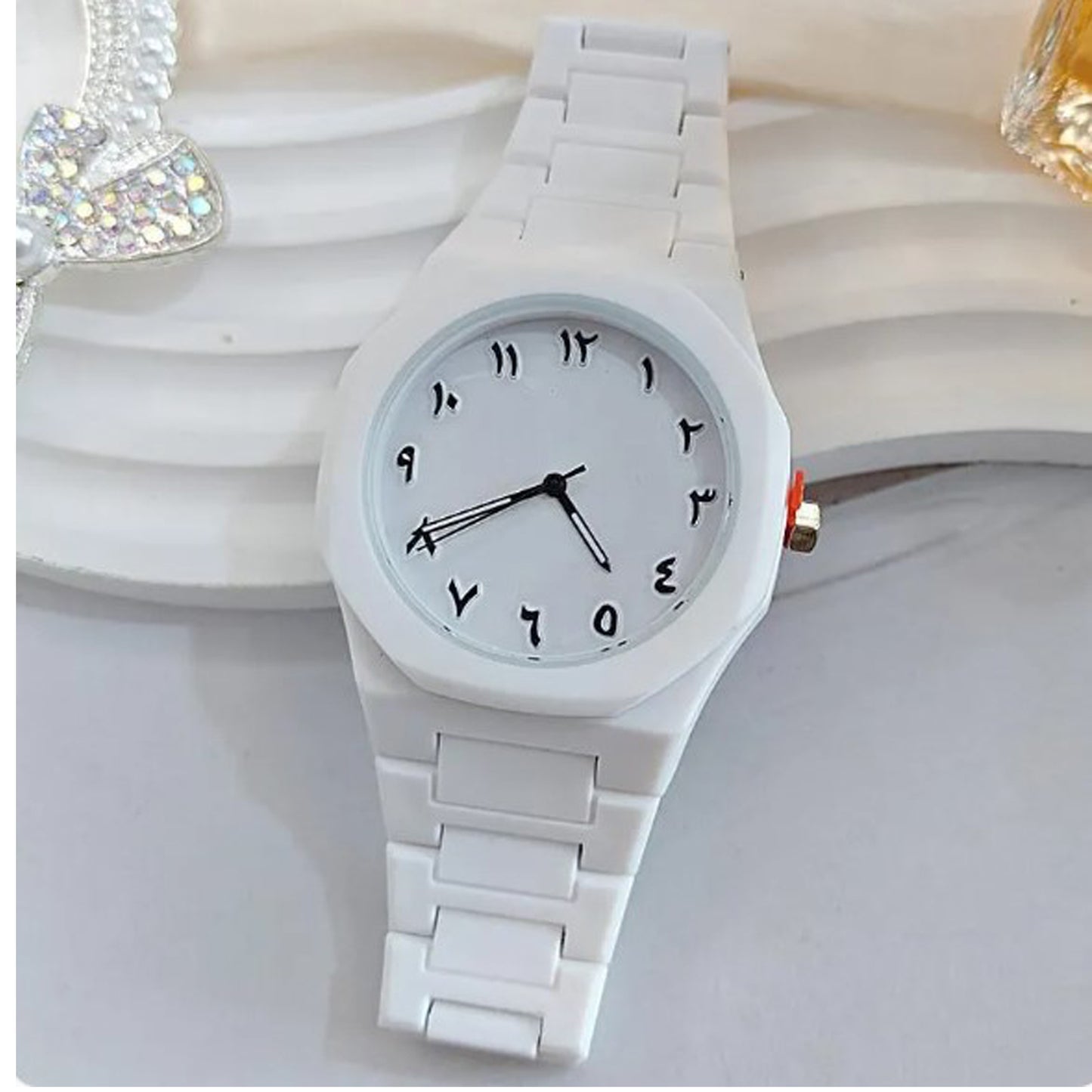 White Arabic Aura Watch – Elegant Minimalist Timepiece with Arabic Numerals