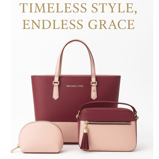 Michael Kors Stylish Girls Hand Bag Set – 3 Pieces (Maroon & Pink)