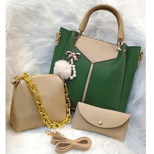 Elegant 4-in-1 Luxury Handbag Set – Green & Beige with Golden Chain Accent