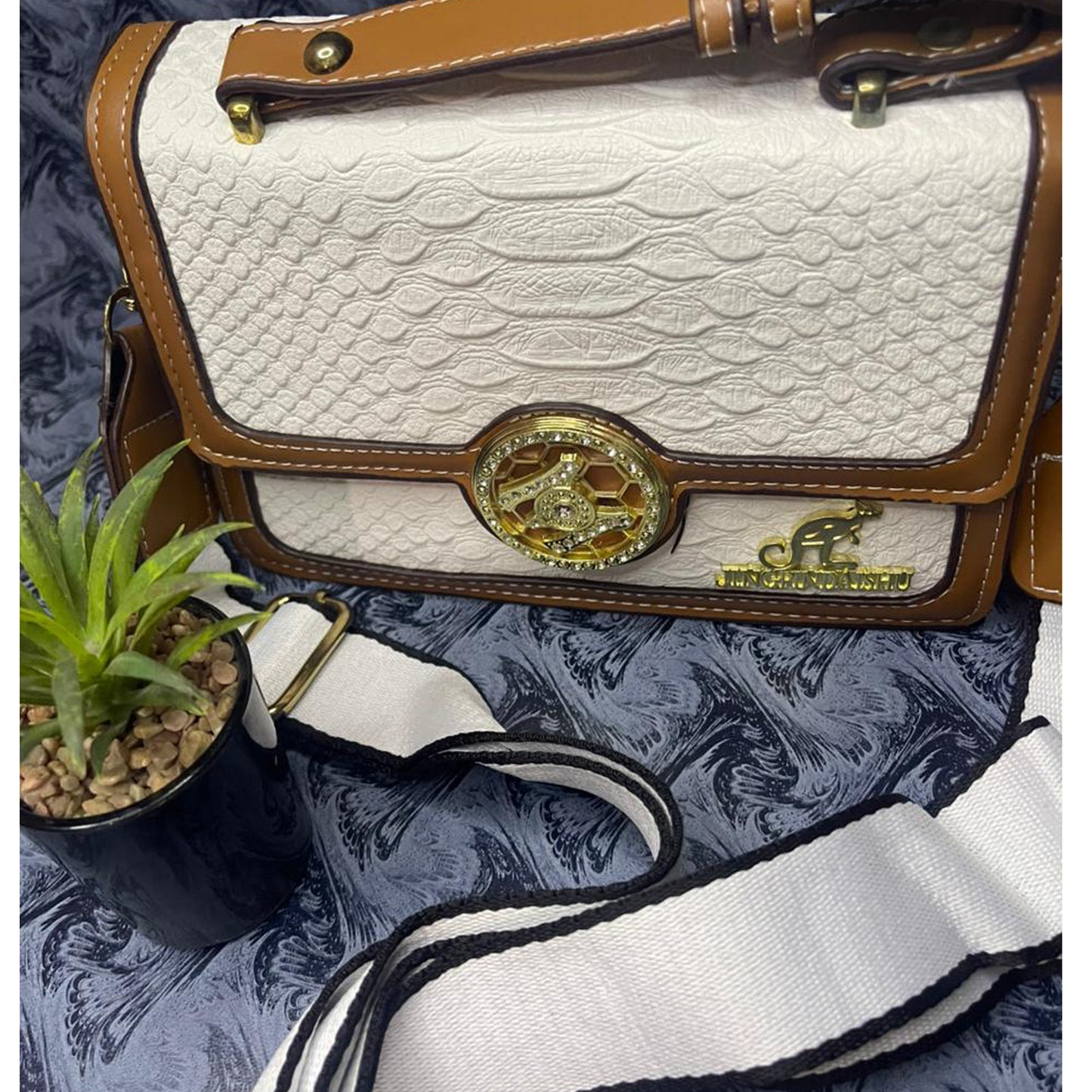 👜 Elegant White & Tan Crossbody Bag with Golden Emblem