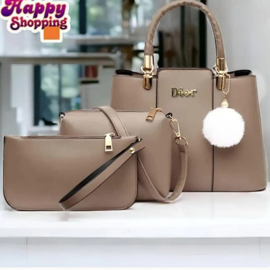 Women’s PU Leather Plain Handbag Set – 3 Pcs | Stylish & Durable