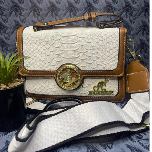 👜 Elegant White & Tan Crossbody Bag with Golden Emblem