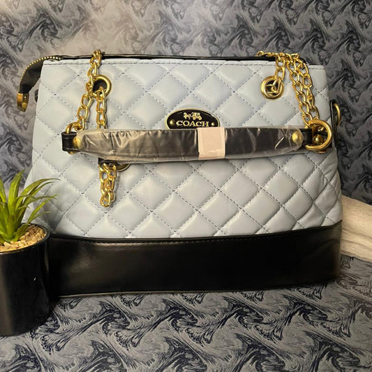 Elegant Quilted Handbag – Blue & Black with Gold Chain | Premium Quality