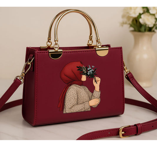 ✨ Elegant Maroon Handbag with Artistic Hijab Girl Design ✨